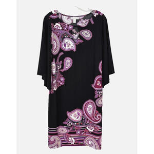 Dana Buchman Paisley Black Purple Midi Dress Bell Sleeve Keyhole Neck Sz S EUC